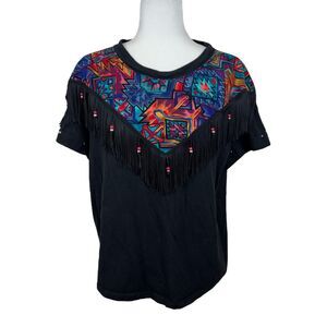 Vintage Hazelwoods Shirt Women Large Black Neon Fringe Western Wear Cotton USA